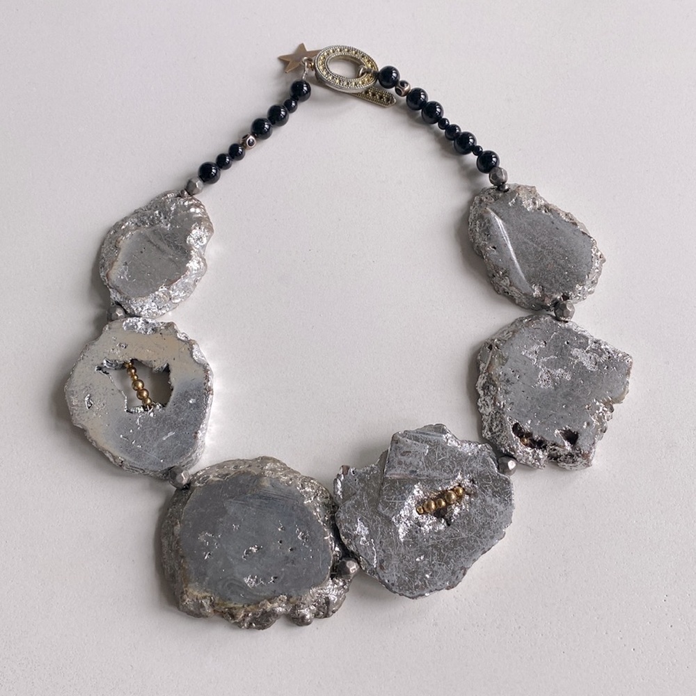 Black, silver & gold rock necklace